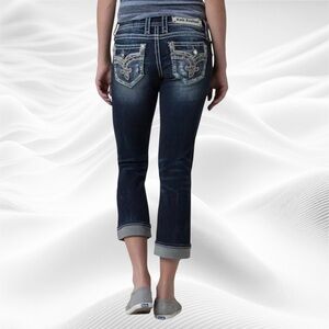 Rock Revival Meri Slim‎ Stretch Cropped Jean Size 27 Rhinestone Embroidered Low